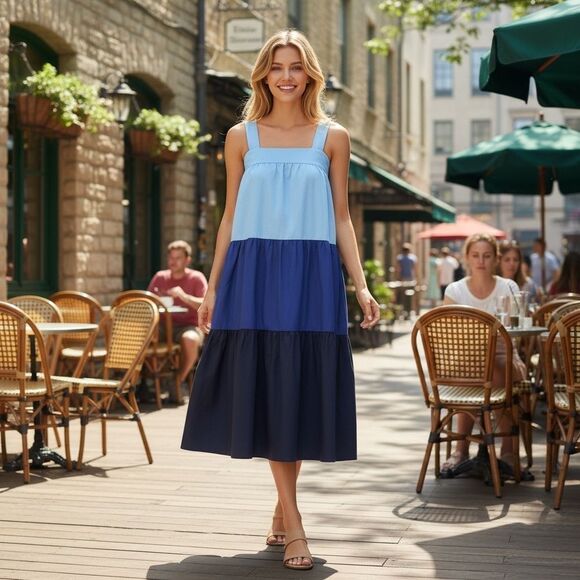 NWT Moon River Blue Colorblock Tiered Maxi Dress - Picture 1 of 7